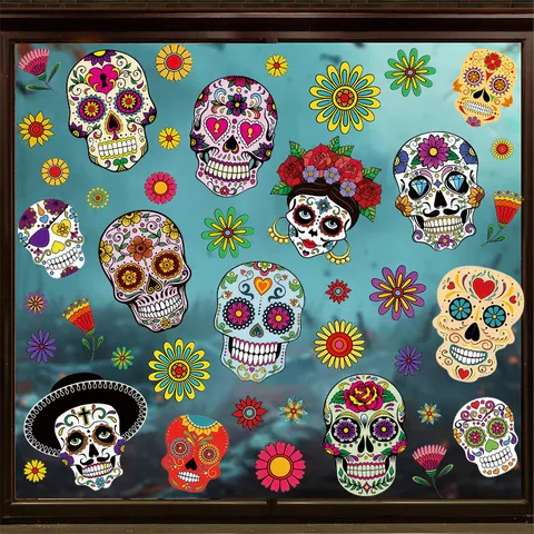 Stickers De Fenêtre Halloween Jour Des Morts Crâne Dessin Animé Fleurs PVC Statique Pour Vitre Décoration De Fête