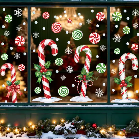 Christmas Candy Cane Peppermint Snowflake Window Static Cling Stickers PVC White Snowflake Clings For Holiday Home Glass Window Decoration