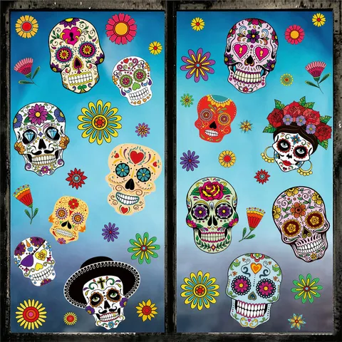 Stickers De Fenêtre Halloween Jour Des Morts Crâne Dessin Animé Fleurs PVC Statique Pour Vitre Décoration De Fête