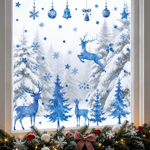 Christmas Window Stickers Blue Snowflake Elk Christmas Tree Static PVC Decals Winter Holiday Glass Decor For Home Party