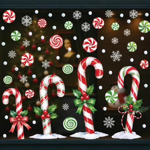 Christmas Candy Cane Peppermint Snowflake Window Static Cling Stickers PVC White Snowflake Clings For Holiday Home Glass Window Decoration