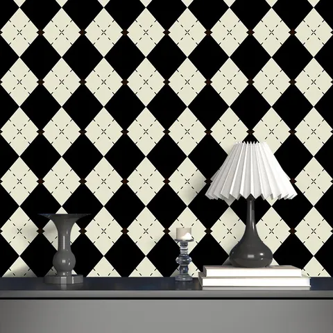 Papier Peint Autocollant en PVC à Carreaux Noir et Blanc Imperméable Motif Argyle pour Décoration de Chambre et Salon