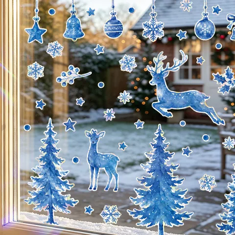 Weihnachten Rentier Schneeflocke Statische Fensterbilder Laser PVC Glastür Aufkleber Elch Baum Haus Weihnachtsdeko Für Zuhause Schaufenster
