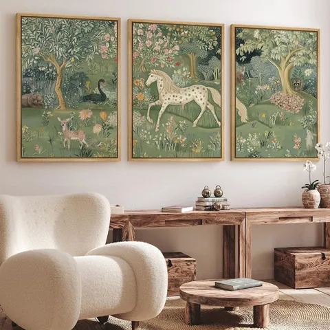 Franse Vintage Groen Botanisch Canvas Muurkunst Ingelijst Olieverfschilderij Prints Dier Plant Bos Drieluik Poster Woonkamer
