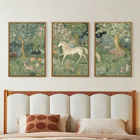 Franse Vintage Groen Botanisch Canvas Muurkunst Ingelijst Olieverfschilderij Prints Dier Plant Bos Drieluik Poster Woonkamer