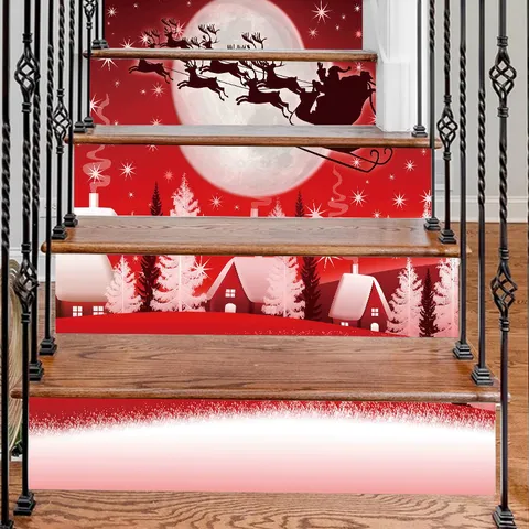 Adesivi Natalizi per Scale PVC Autoadesivi Decalcomanie Babbo Natale Renna Scena Innevata Murale per Decorazione Festiva