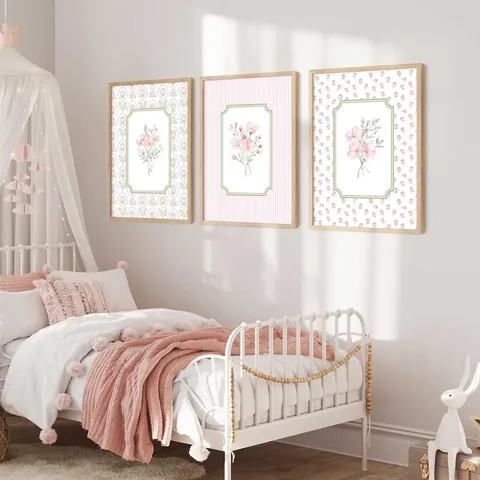 Bohemian Pink Floral Canvas Wall Art Modern Minimalist Hanging Painting With Pear Wood PS Frame For Bedroom Living Room