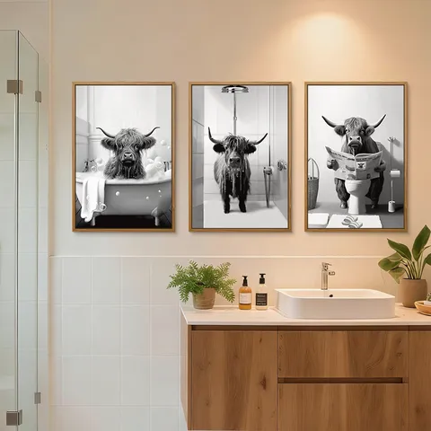 Hooglandkoe Badkamer Wandkunst Canvas Prints Set Met Lijst Grappig Dier Badend Zwart Wit Decoratieve Schilderijen Voor Slaapkamer Huisdecoratie