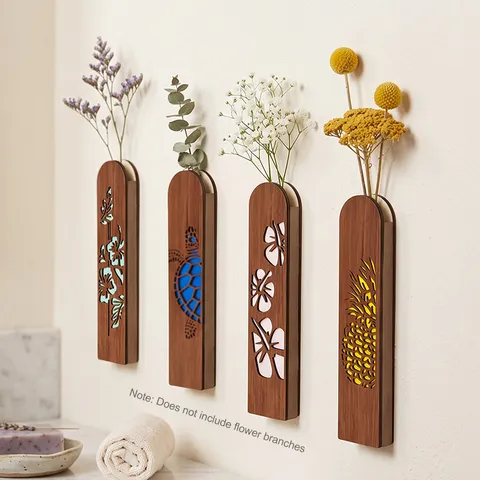 Juego de 4 Jarrones de Pared de Madera Hueca Estilo Bohemio Patrón Tortuga Hibisco Piña Decoración Colgante de Arte de Madera