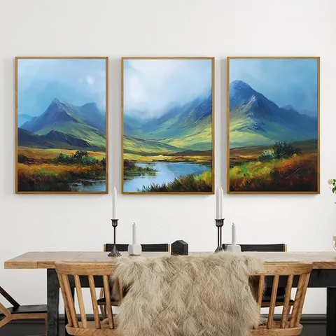 Modern Abstract Landscape Canvas Wall Art Pearwood Framed Mountain River Scenery Oil Painting For Living Room Bedroom Home Decor
