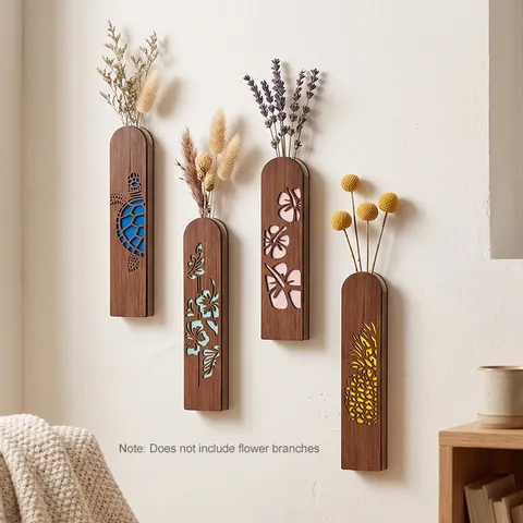 Juego de 4 Jarrones de Pared de Madera Hueca Estilo Bohemio Patrón Tortuga Hibisco Piña Decoración Colgante de Arte de Madera