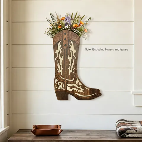 Western Cowboy Cowboy Boot Wooden Wall Decor Hollow Laser Cut Retro Flower Vase Wall Hanging Home Decoration Plaque For Living Room