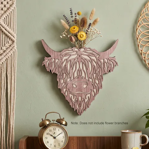 Vintage Western Poplar Wood Highland Cow Head Wall Decor Rustic Hollowed Out Animal Sculpture Flower Vase Hanging Art