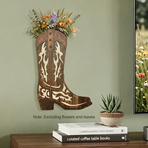 Western Cowboy Cowboy Boot Wooden Wall Decor Hollow Laser Cut Retro Flower Vase Wall Hanging Home Decoration Plaque For Living Room