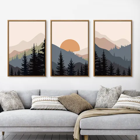 Moderne Landschap Ingelijste Wanddecoratie Drie Panelen Abstracte Berg Canvas Prints PS Houttextuur Frame
