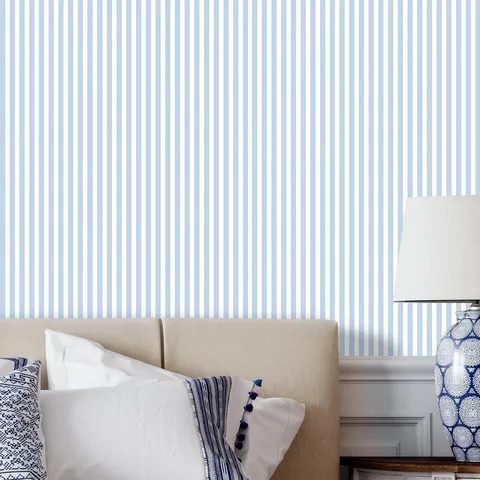 Papier Peint Auto-adhésif en PVC à Rayures Verticales Bleu Blanc Motif Géométrique Sticker Mural Imperméable Moderne