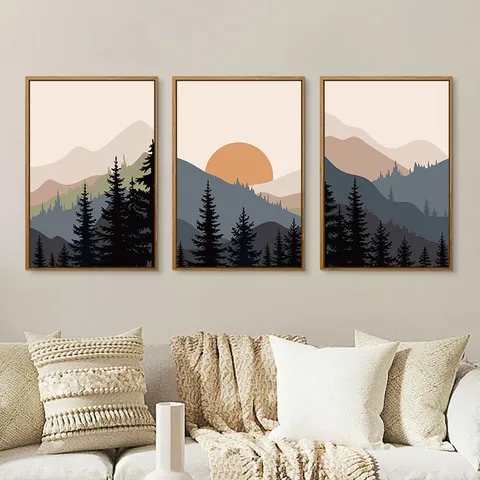 Moderne Landschap Ingelijste Wanddecoratie Drie Panelen Abstracte Berg Canvas Prints PS Houttextuur Frame