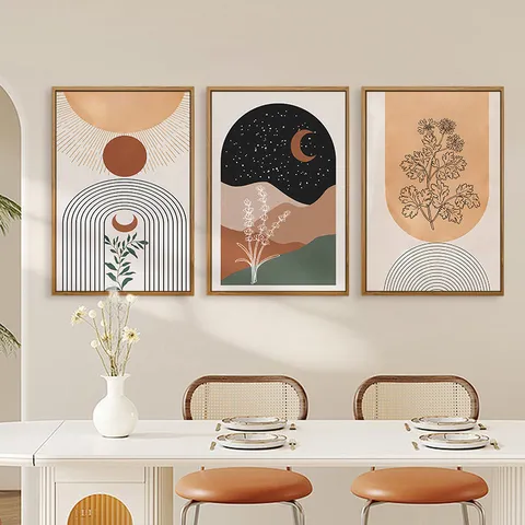 Boheems Vintage Canvas Muurkunst Abstracte Geometrische Lijnen Botanische Bloem Poster Met Lijst Giclee Print Modern Woonkamer Slaapkamer Kunst Decor