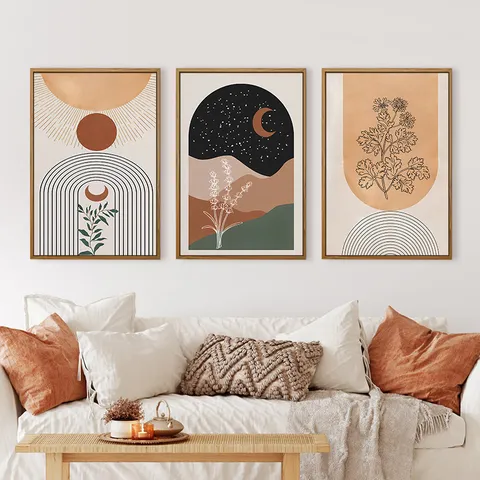 Boheems Vintage Canvas Muurkunst Abstracte Geometrische Lijnen Botanische Bloem Poster Met Lijst Giclee Print Modern Woonkamer Slaapkamer Kunst Decor