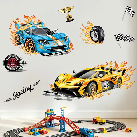 Cartoon Racing Car Wall Stickers For Kids Room Kindergarten Classroom Removable PVC Self Adhesive Wall Decals Home Decor