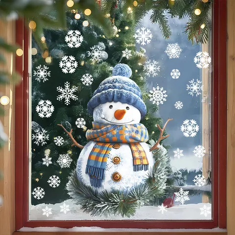 Christmas Snowman Window Stickers Cartoon Santa Claus Snowflake Glass Clings PVC Static Film Decors For Festive Holiday Home Decor