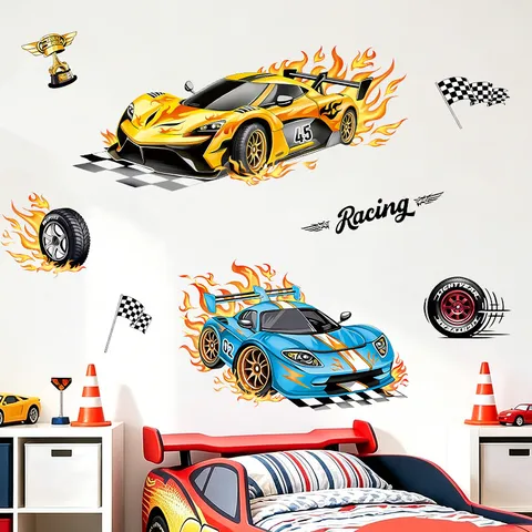 Cartoon Racing Car Wall Stickers For Kids Room Kindergarten Classroom Removable PVC Self Adhesive Wall Decals Home Decor