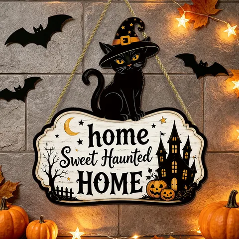 Targa di Benvenuto Halloween Gatto Nero Zucca Decorazione Murale in Legno Casa Stregata Targa da Appendere Festa