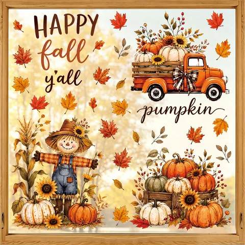 Ringraziamento Zucca Tacchino Spaventapasseri Adesivi Murali Autunno Raccolto PVC Vetrofanie Per Vetro Decalcomania Set