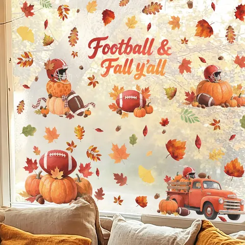 Autumn Thanksgiving Pumpkin Maple Leaf Window Clings Cartoon Static Stickers Harvest Festival Glass Window Decor Stickers