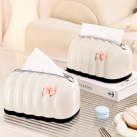 Creamy Apricot Wavy Shell Tissue Box Cover For Living Room Coffee Table Decor Light Luxury Plastic Napkin Holder With Pink Bow Car Ornament