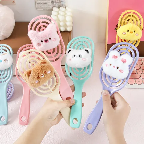 Cute Cartoon Plush Doll Hollow Hair Comb Household High-Value Ribbed Large Curved Massage Comb For Daily Hair Styling