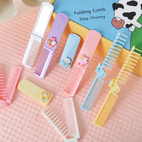 Cute Macaron Folding Hair Comb With Mirror Portable Travel Mini Makeup Comb Compact Hair Brush For Women Girls Daily Use