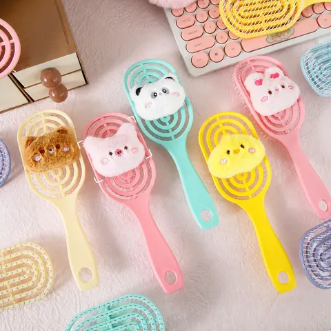 Cute Cartoon Plush Doll Hollow Hair Comb Household High-Value Ribbed Large Curved Massage Comb For Daily Hair Styling