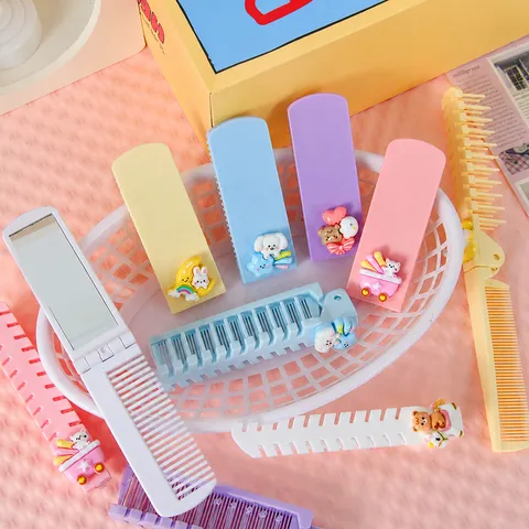 Cute Macaron Folding Hair Comb With Mirror Portable Travel Mini Makeup Comb Compact Hair Brush For Women Girls Daily Use