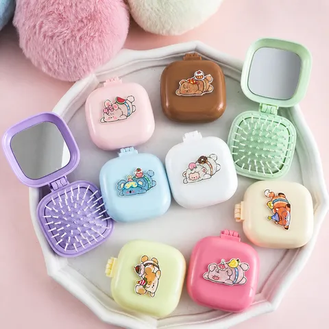 Peigne à Coussin d'Air Carré Pliant De Dessin Animé Mignon Portable Avec Miroir Mini Brosse à Cheveux de Maquillage de Voyage Outil de Coiffage