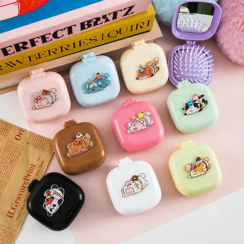 Peigne à Coussin d'Air Carré Pliant De Dessin Animé Mignon Portable Avec Miroir Mini Brosse à Cheveux de Maquillage de Voyage Outil de Coiffage