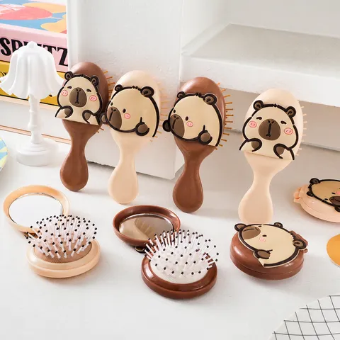 Cute Cartoon Capybara Air Cushion Comb Portable Folding Round Mirror Hair Brush Mini Massage Comb With Guinea Pig Pattern