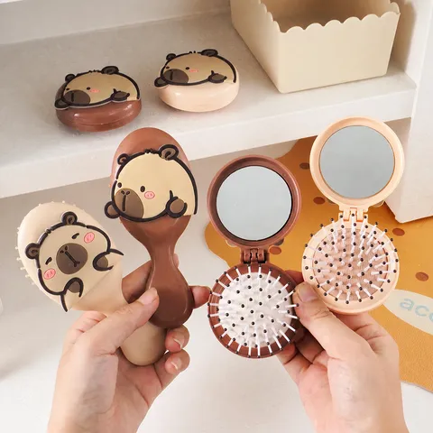 Cute Cartoon Capybara Air Cushion Comb Portable Folding Round Mirror Hair Brush Mini Massage Comb With Guinea Pig Pattern