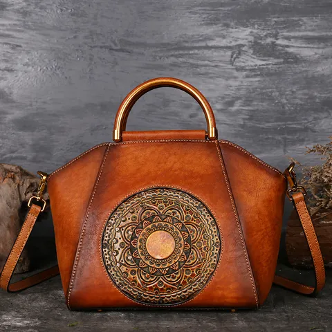 Women Genuine Leather Handbag Top Layer Cowhide Retro Totem Embossed Tote Bag Casual Vintage Shoulder Crossbody Bag