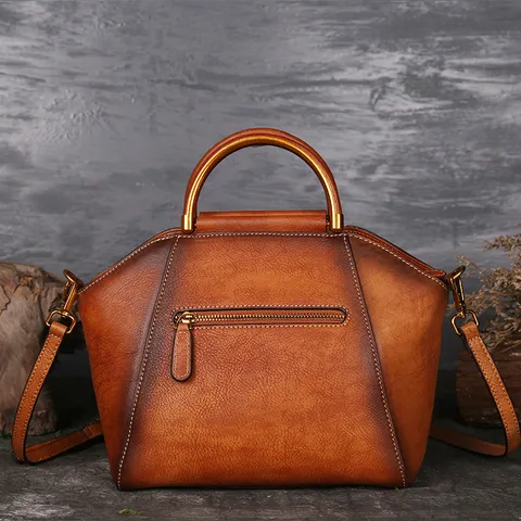 Women Genuine Leather Handbag Top Layer Cowhide Retro Totem Embossed Tote Bag Casual Vintage Shoulder Crossbody Bag