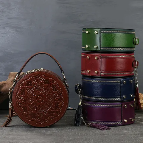 Retro Embossed Genuine Leather Small Round Bag Women Crossbody Shoulder Handbag Tassel Pendant Luxury Tote