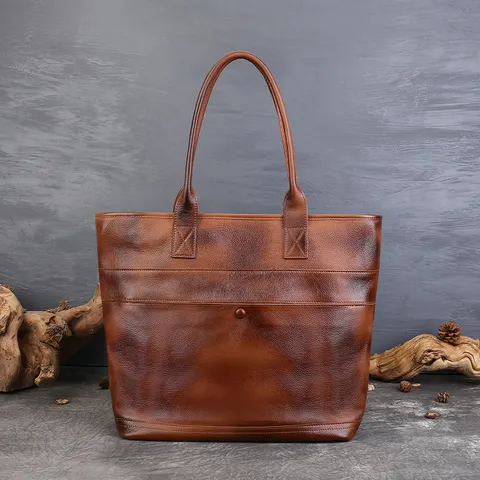 Women Vintage First Layer Cowhide Tote Bag Large Capacity Casual Commuter Shoulder Bag Retro Leather Handbag