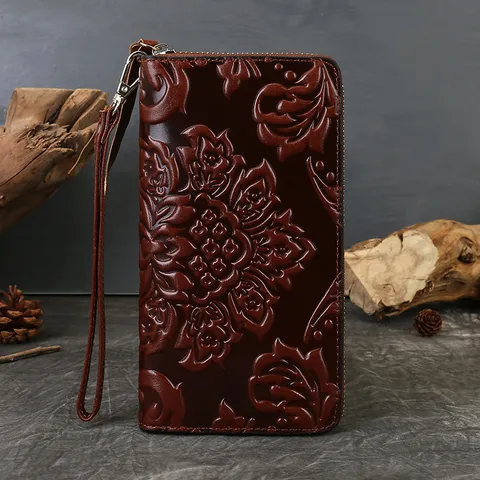 Women Genuine Leather Short Wallet Vintage Floral Embossed Coin Purse Top Layer Cowhide Multifunctional Wallet