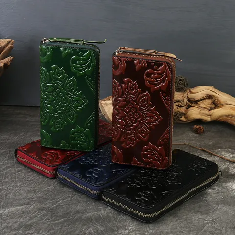 Women Genuine Leather Short Wallet Vintage Floral Embossed Coin Purse Top Layer Cowhide Multifunctional Wallet