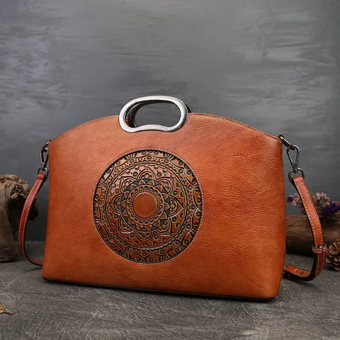 Vintage Top Layer Cowhide Women Tote Bag Embossed Totem Handbag Casual Leather Crossbody Bag Daily Commuting Bag