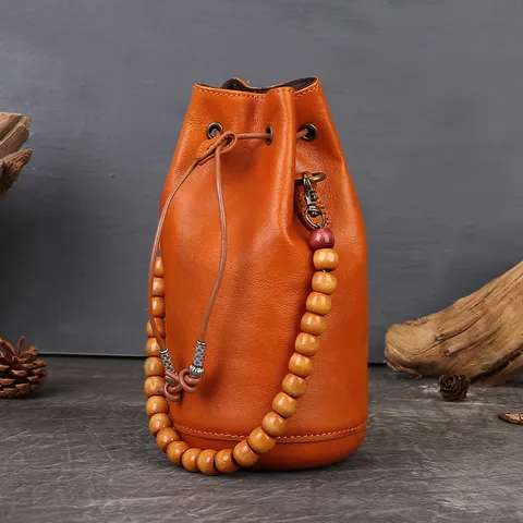 Vintage Genuine Leather Bucket Bag For Women Handcrafted Top Layer Cowhide Drawstring Crossbody Bag Mini Handbag