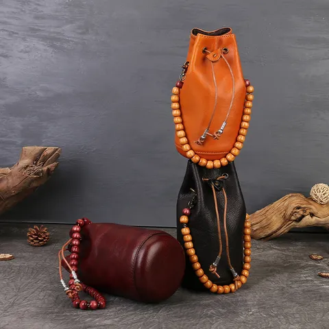Vintage Genuine Leather Bucket Bag For Women Handcrafted Top Layer Cowhide Drawstring Crossbody Bag Mini Handbag