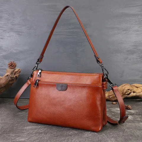Genuine Leather Women's Underarm Bag Large Capacity Vintage Commuter Shoulder Crossbody Bag Multi-Layer Zipper Handbag
