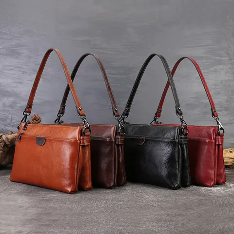Genuine Leather Women's Underarm Bag Large Capacity Vintage Commuter Shoulder Crossbody Bag Multi-Layer Zipper Handbag