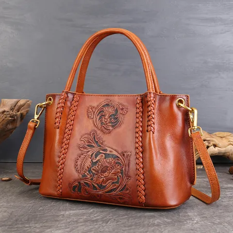 Handgemachte Gewebte Echtleder Tragetasche Für Damen Vintage Handgeschnitzte Blumen Henkeltasche Umhängetasche